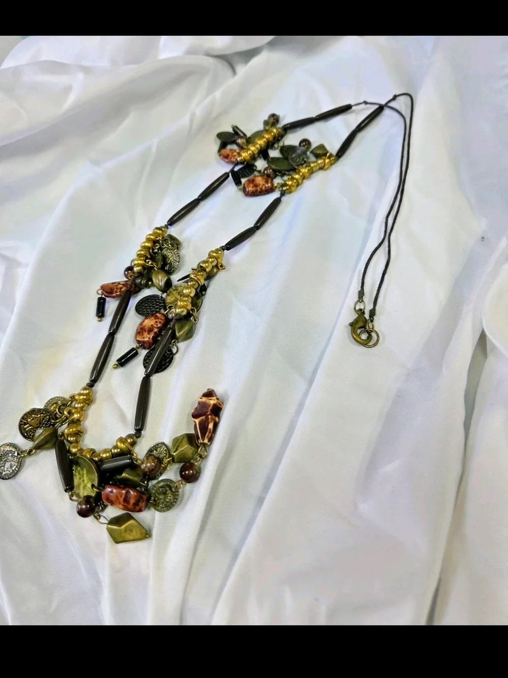 Artisan Layered Bead and Charm Necklace in Olive and Brown